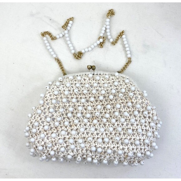 Vintage 60s Ritter White Raffia Plastic Beaded Purse Handbag Mod Hippie Wedding - Picture 5 of 15